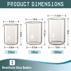 Borosilicate Glass Beaker Set,Heat Safe & Acid Resistant Lab Glassware,3 Sizes (250ml, 500ml, 1000ml) with Clear Graduations for Chemistry & Science Supplies